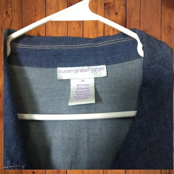 Susan Graver Women's 3X Button Front Embroidered Denim Short Sleeve Blouse - Picture 3 of 5